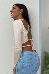 Beige Lace Up Back Long Sleeve Crop Top - Malaina-Crop Tops