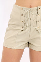 Beige Lace Up Front Leather Shorts - Coriane-Shorts