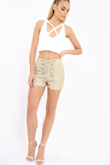 Beige Lace Up Front Leather Shorts - Coriane-Shorts