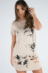 Beige Laser Cut Tie Dye T Shirt Dress - Imogen-Dresses