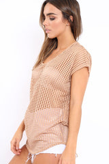 Beige Laser Cut Top with Crew neck and Dip Hem - Keelani-Tops
