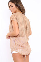 Beige Laser Cut Top with Crew neck and Dip Hem - Keelani-Tops