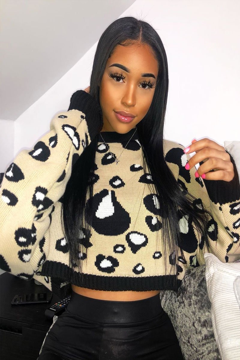 Beige Leopard Crop Batwing Jumper - Raigen-Jumper