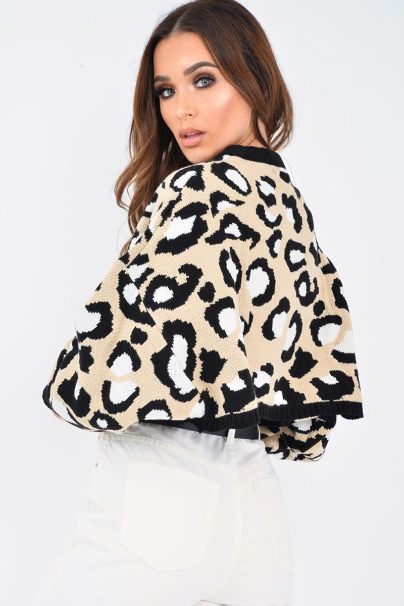 Beige Leopard Crop Batwing Jumper - Raigen-Jumper