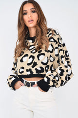 Beige Leopard Crop Batwing Jumper - Raigen-Jumper