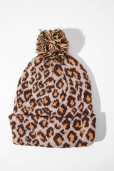 Beige Leopard Knit Pom Pom Hat - Kela-Hats