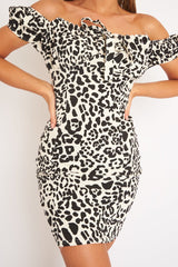 Beige Leopard Print Bow Detail Milkmaid Mini Dress - Galena-Dresses