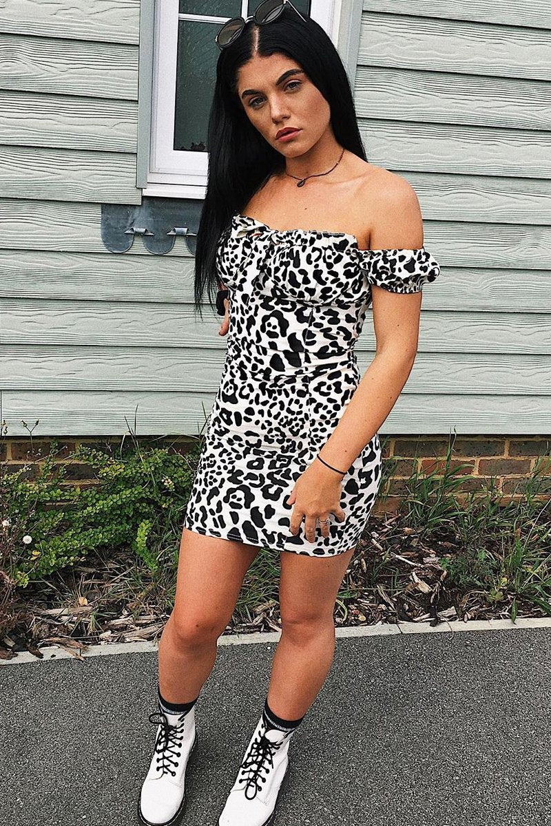 Beige Leopard Print Bow Detail Milkmaid Mini Dress - Galena-Dresses