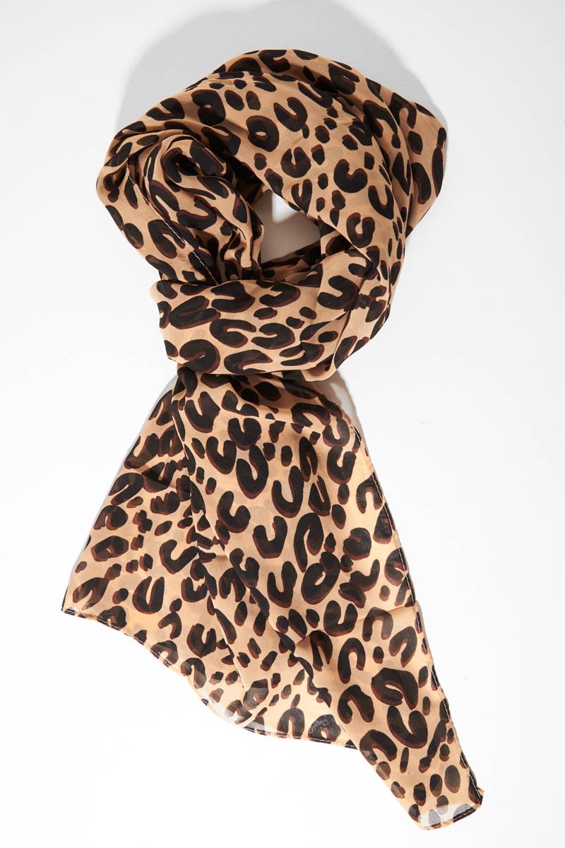 Beige Leopard Print Chiffon Scarf - Adell-Accessories