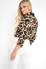 Beige Leopard Tie Front Button Down Blouse - Janiylah-Shirts