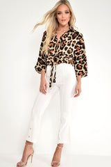 Beige Leopard Tie Front Button Down Blouse - Janiylah-Shirts