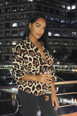 Beige Leopard Tie Front Button Down Blouse - Janiylah-Shirts