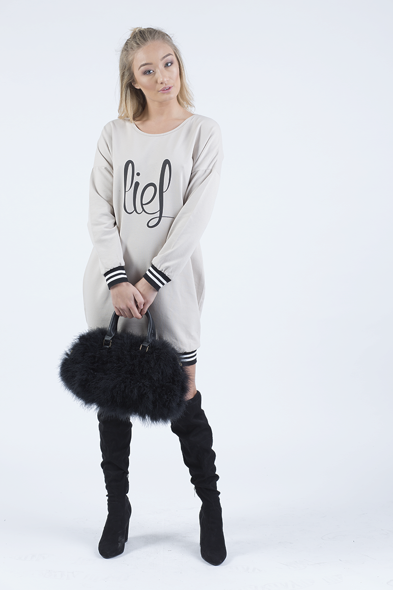 Beige Lies Slogan Jumper Dress - Ellie-Jumper