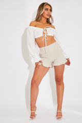 Beige Lightweight Frill Hem Shorts - Elleanora-Shorts