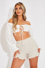 Beige Lightweight Frill Hem Shorts - Elleanora-Shorts