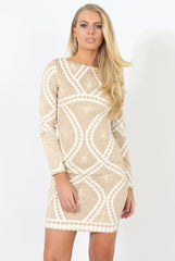 Beige Long Sleeve Bodycon Dress - Trudy-Dresses