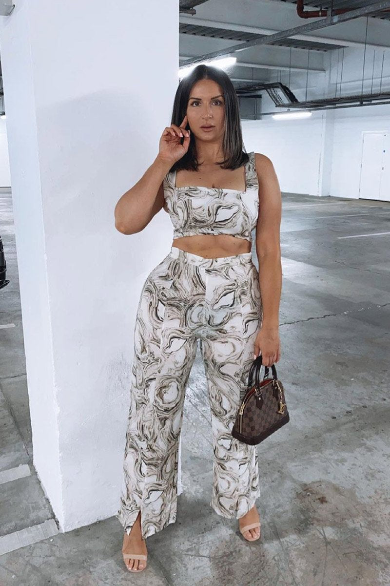 Beige Marble Halter Crop Trouser Co-ord - Delta-Co-ords