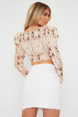 Beige Marble Print Ruched Crop Top - Tina-Crop Tops