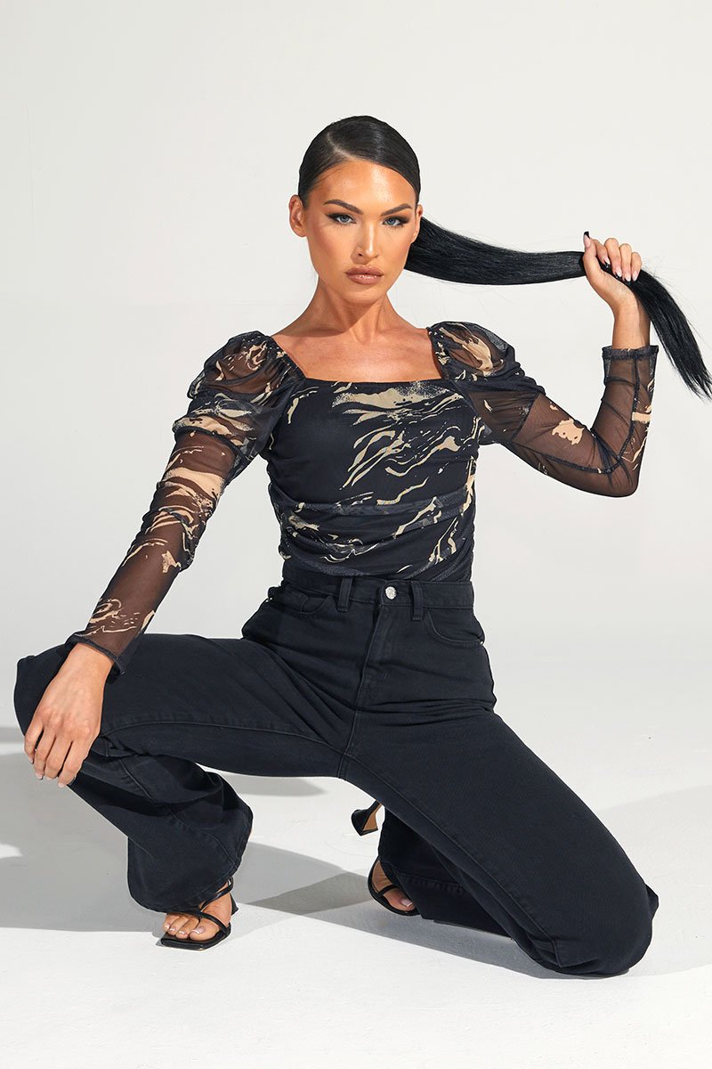 Beige Marble Puff Sleeve Bodysuit - Deana-Bodysuits