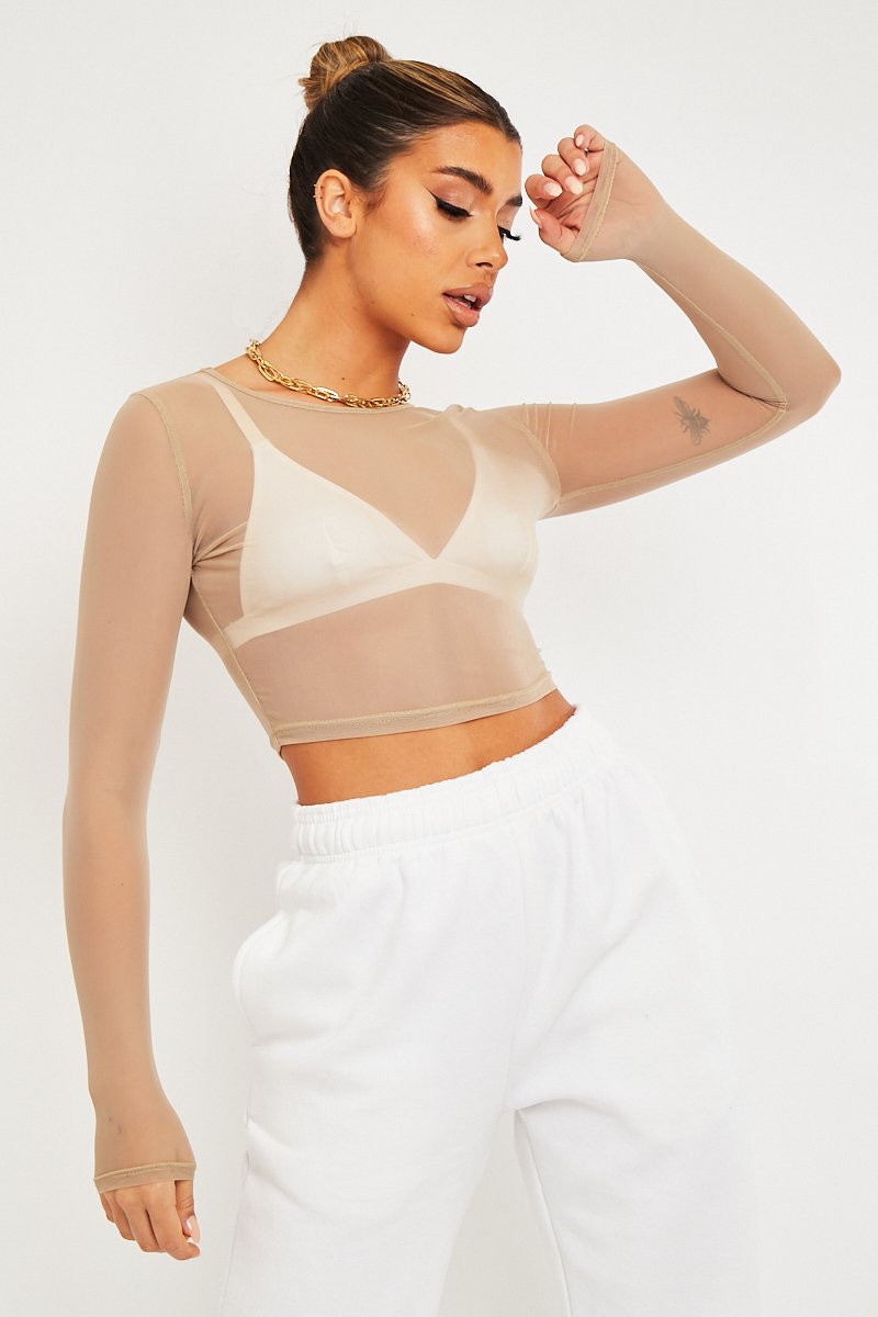 Beige Mesh Long Sleeve Crop Top - Aaima-Tops
