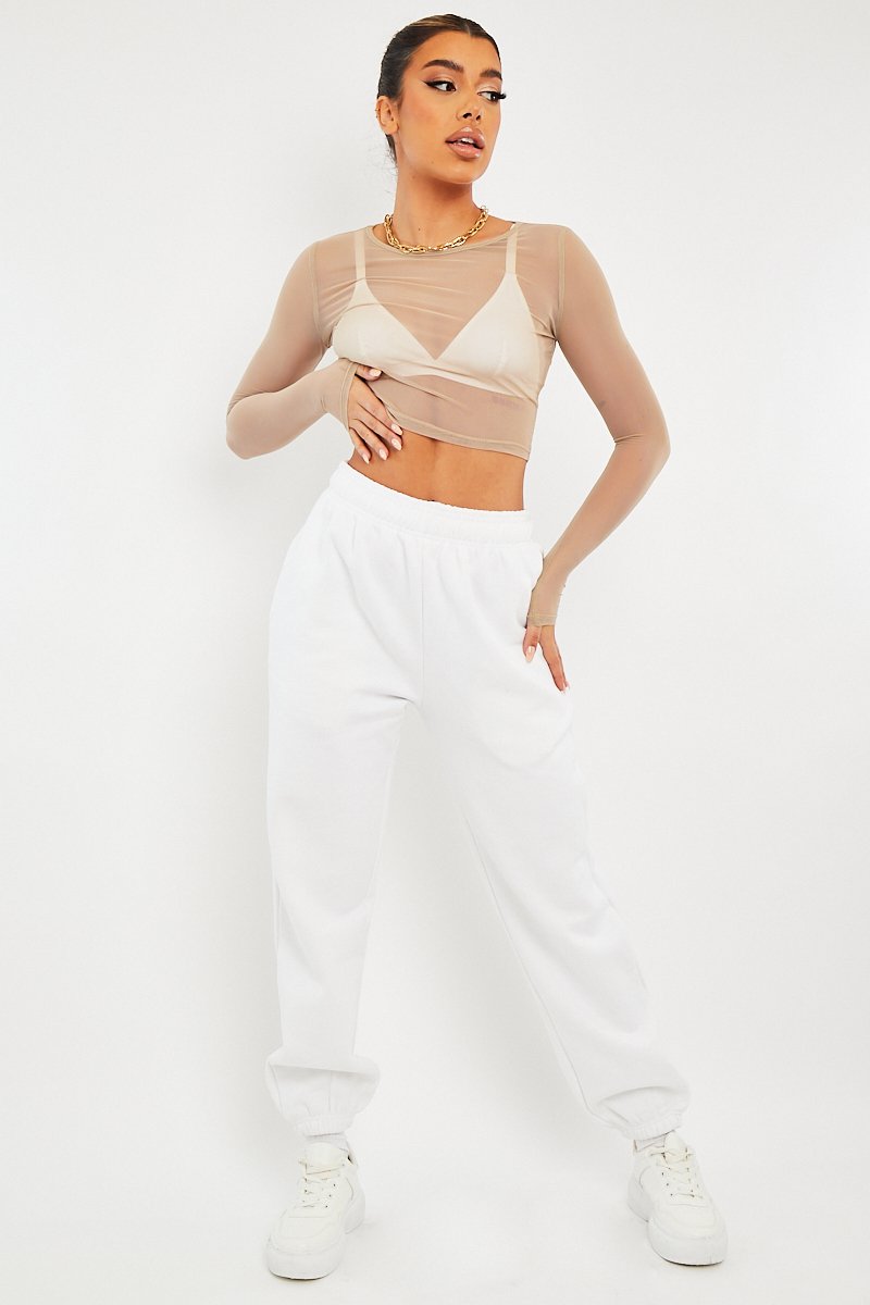 Beige Mesh Long Sleeve Crop Top - Aaima-Tops