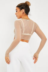 Beige Mesh Long Sleeve Crop Top - Aaima-Tops