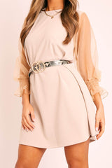 Beige Mesh Sleeve Shift Dress - Elizzie-Dresses