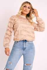 Beige Mesh Top Sequin Detail Top - Iria-Tops