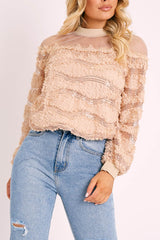 Beige Mesh Top Sequin Detail Top - Iria-Tops
