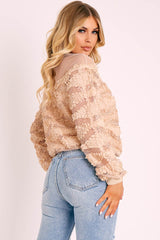 Beige Mesh Top Sequin Detail Top - Iria-Tops