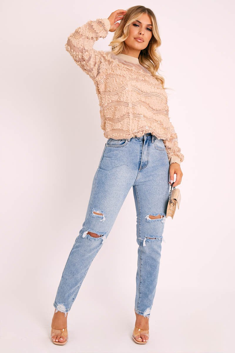 Beige Mesh Top Sequin Detail Top - Iria-Tops