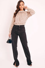 Beige Metallic Polka Pleated Front Blouse - Cabella-Blouse