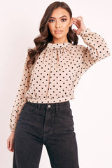 Beige Metallic Polka Pleated Front Blouse - Cabella-Blouse