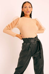 Beige Metallic Puff Sleeve High Neck Top - Blaike-Tops