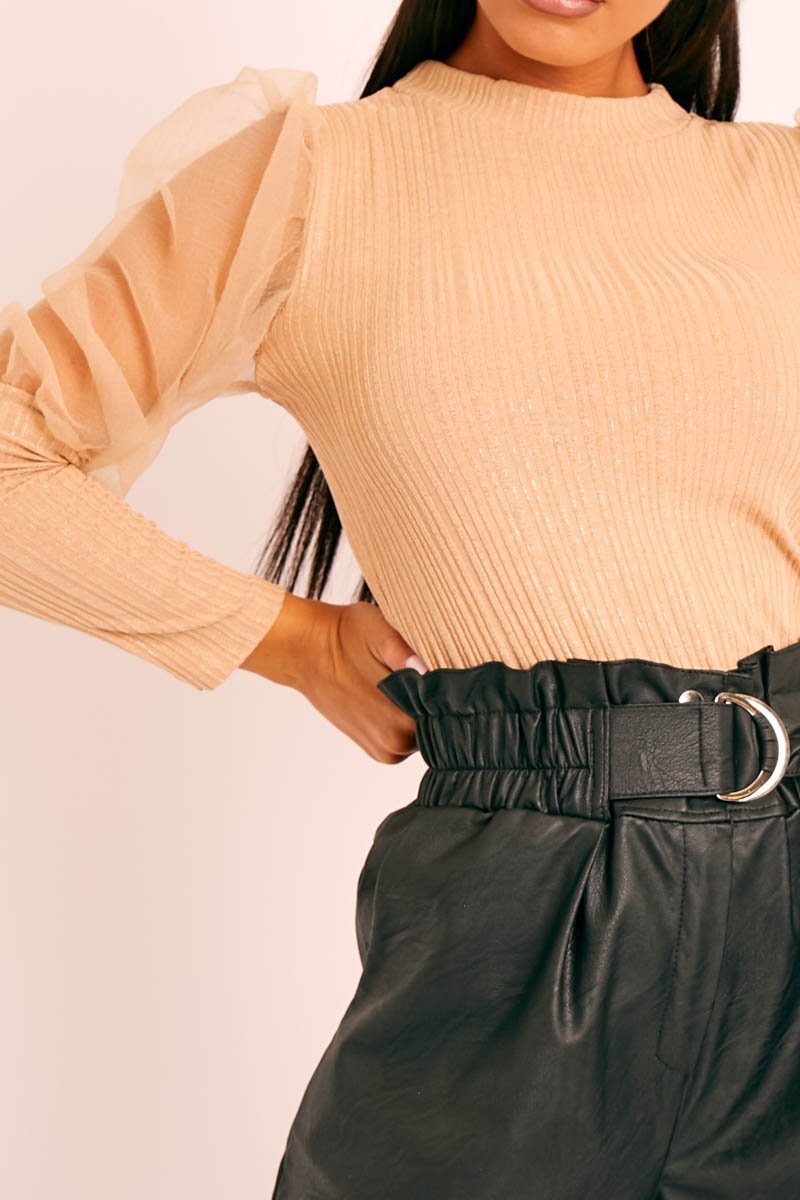 Beige Metallic Puff Sleeve High Neck Top - Blaike-Tops