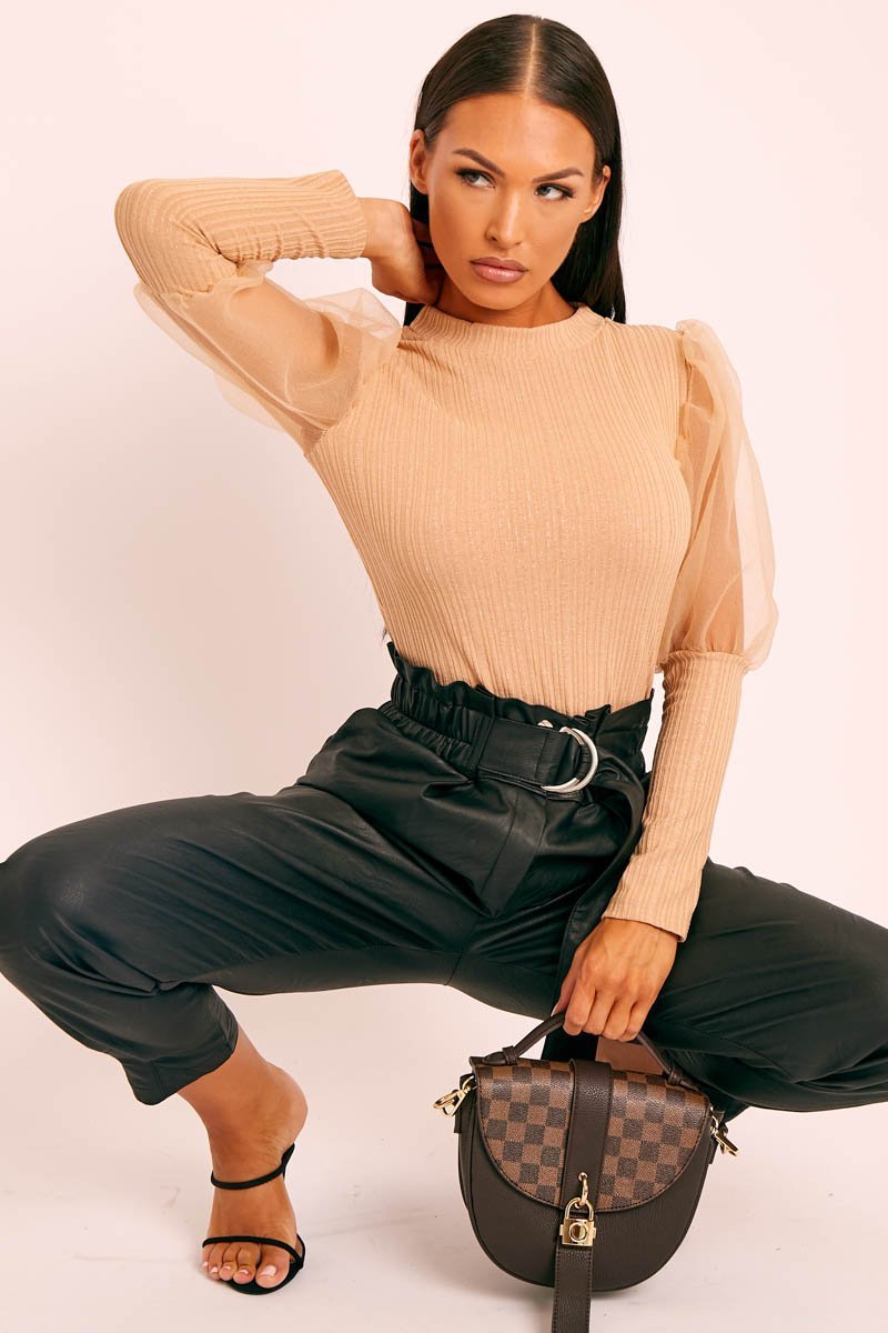Beige Metallic Puff Sleeve High Neck Top - Blaike-Tops