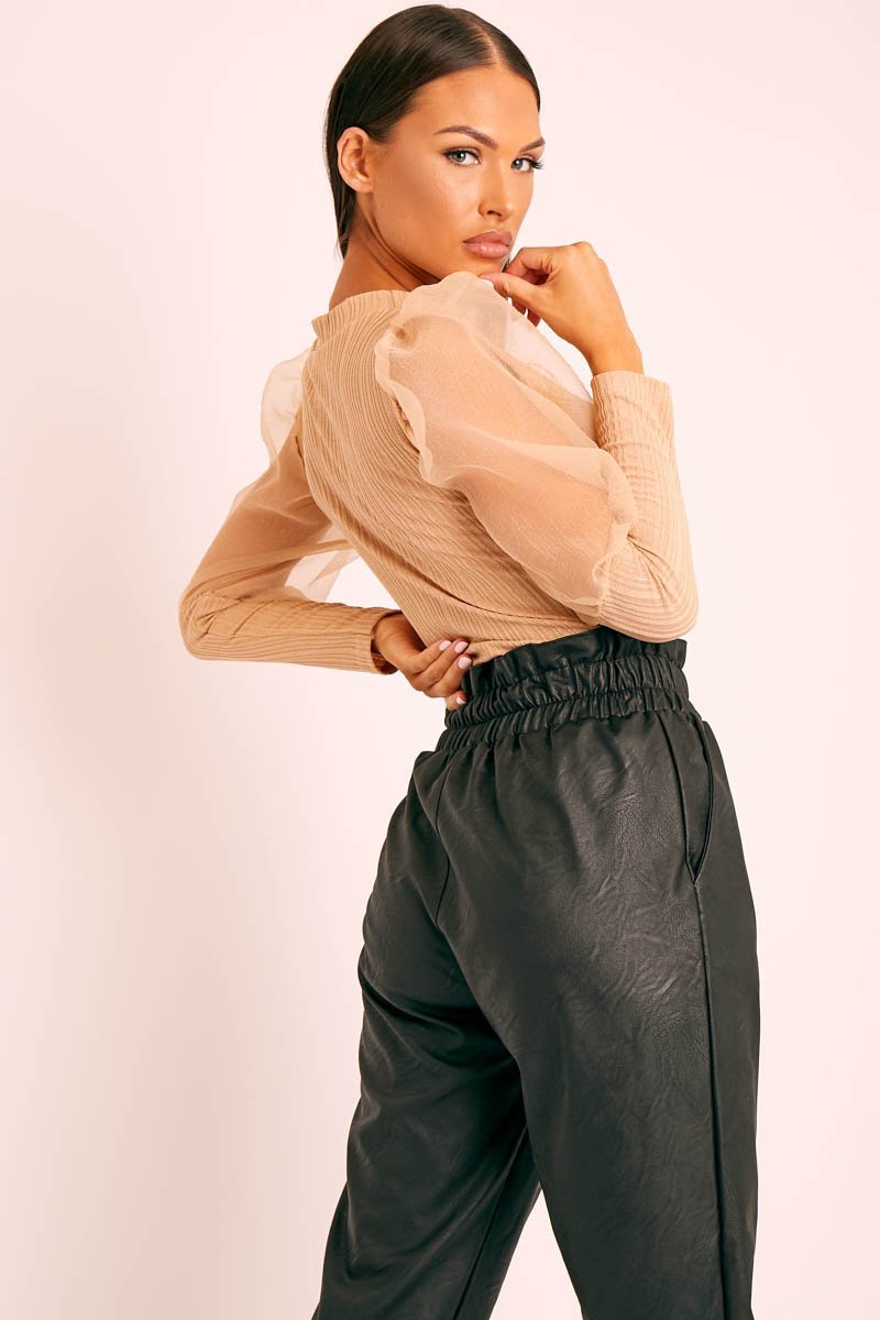 Beige Metallic Puff Sleeve High Neck Top - Blaike-Tops