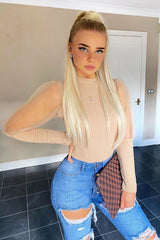 Beige Metallic Puff Sleeve High Neck Top - Blaike-Tops