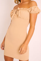 Beige Milkmaid Bow Detail Mini Dress - Akiya-Dresses