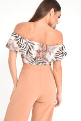 Beige Mixed Animal Print Bardot Bodysuit - Jaye-Bodysuits