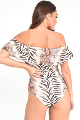 Beige Mixed Animal Print Bardot Bodysuit - Jaye-Bodysuits