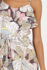 Beige Multi Floral Print Frill Playsuit - Lorna-Playsuits