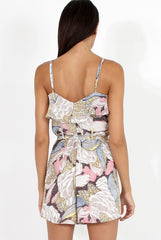 Beige Multi Floral Print Frill Playsuit - Lorna-Playsuits