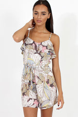 Beige Multi Floral Print Frill Playsuit - Lorna-Playsuits