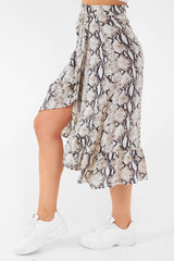 Beige Navy Snake Print Ruffle Midi Skirt - Dominique-Skirts