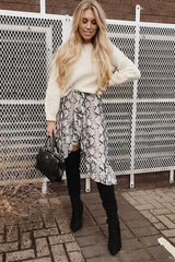 Beige Navy Snake Print Ruffle Midi Skirt - Dominique-Skirts