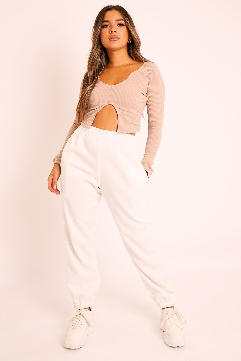 Beige Notch Cut Out Crop Top - Reatha-Tops