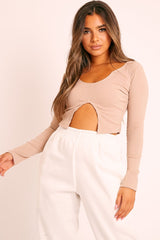Beige Notch Cut Out Crop Top - Reatha-Tops