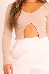 Beige Notch Cut Out Crop Top - Reatha-Tops