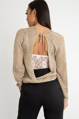 Beige Open Knit Backless Tie Back Jumper - Holdyn-Jumper